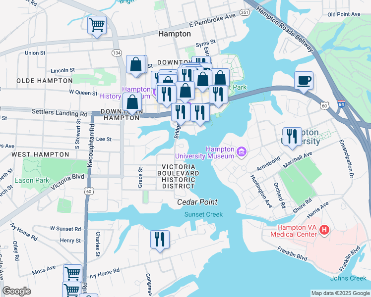 map of restaurants, bars, coffee shops, grocery stores, and more near 463 Bridge Street in Hampton