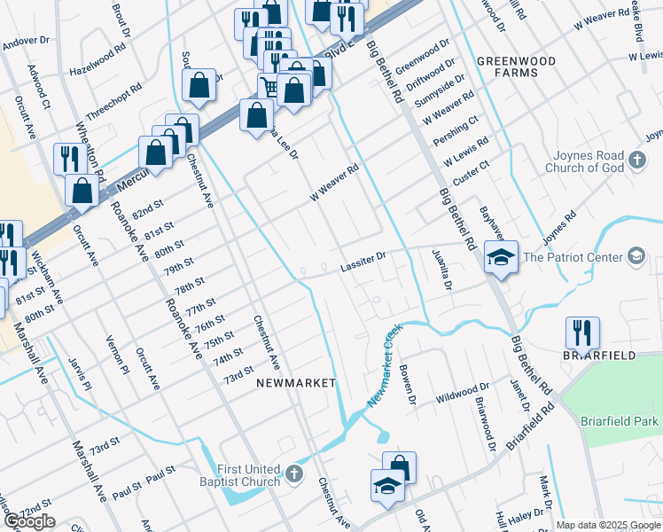 map of restaurants, bars, coffee shops, grocery stores, and more near 901 Emma Kate Court in Newport News