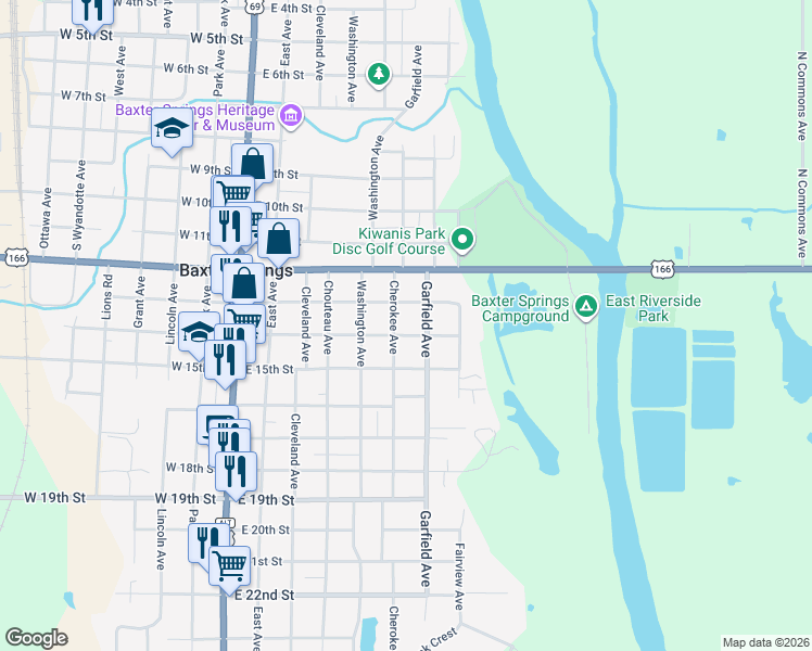 map of restaurants, bars, coffee shops, grocery stores, and more near 501-599 East 14th Street in Baxter Springs