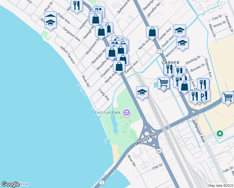 map of restaurants, bars, coffee shops, grocery stores, and more near 214 South Avenue in Newport News