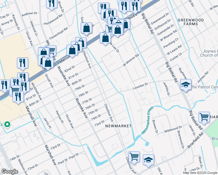 map of restaurants, bars, coffee shops, grocery stores, and more near 1201 77th Street in Newport News