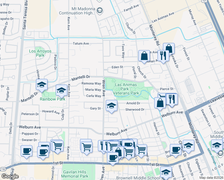 map of restaurants, bars, coffee shops, grocery stores, and more near 8550 Wren Avenue in Gilroy