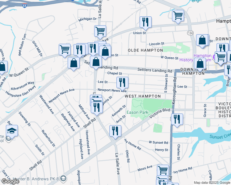 map of restaurants, bars, coffee shops, grocery stores, and more near 619 Newport News Avenue in Hampton