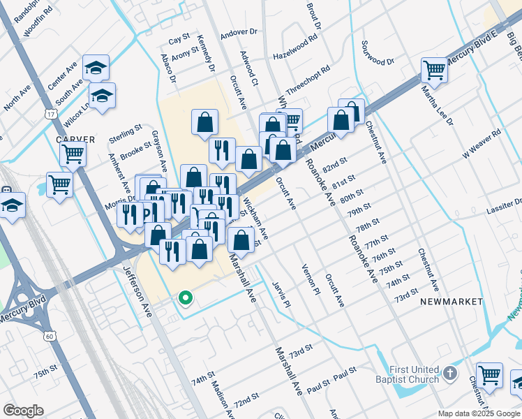 map of restaurants, bars, coffee shops, grocery stores, and more near 5015 82nd Street in Newport News
