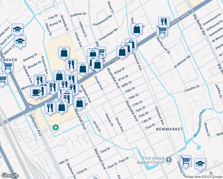 map of restaurants, bars, coffee shops, grocery stores, and more near 1009 80th Street in Newport News