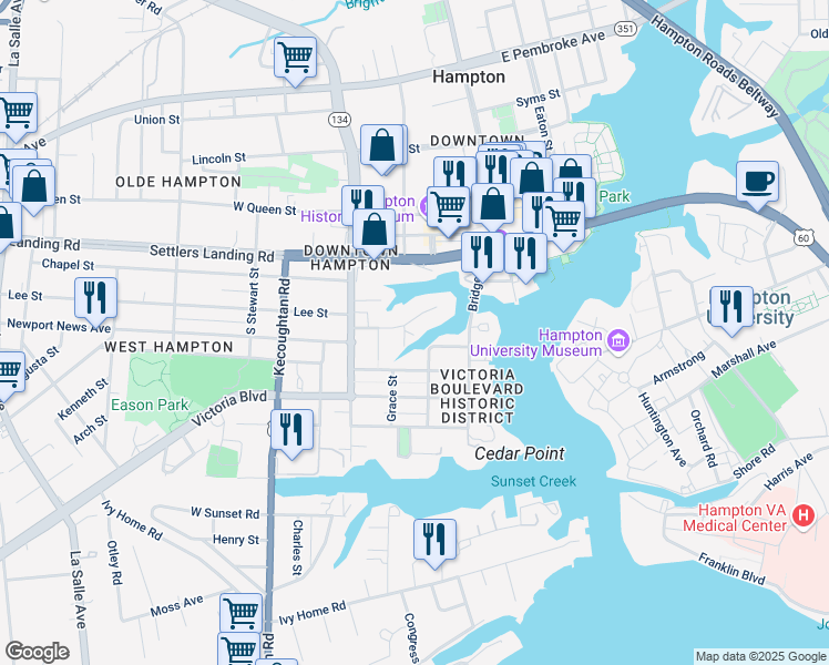 map of restaurants, bars, coffee shops, grocery stores, and more near 106 Linden Avenue in Hampton