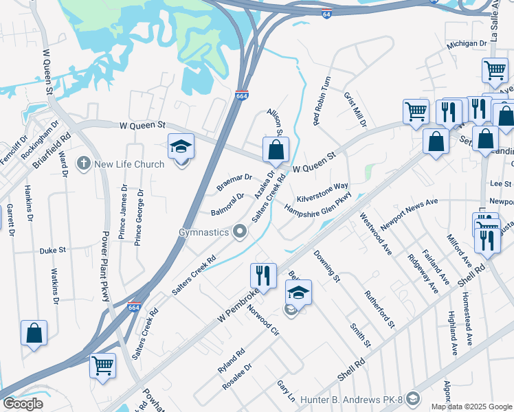 map of restaurants, bars, coffee shops, grocery stores, and more near 17 Azalea Drive in Hampton