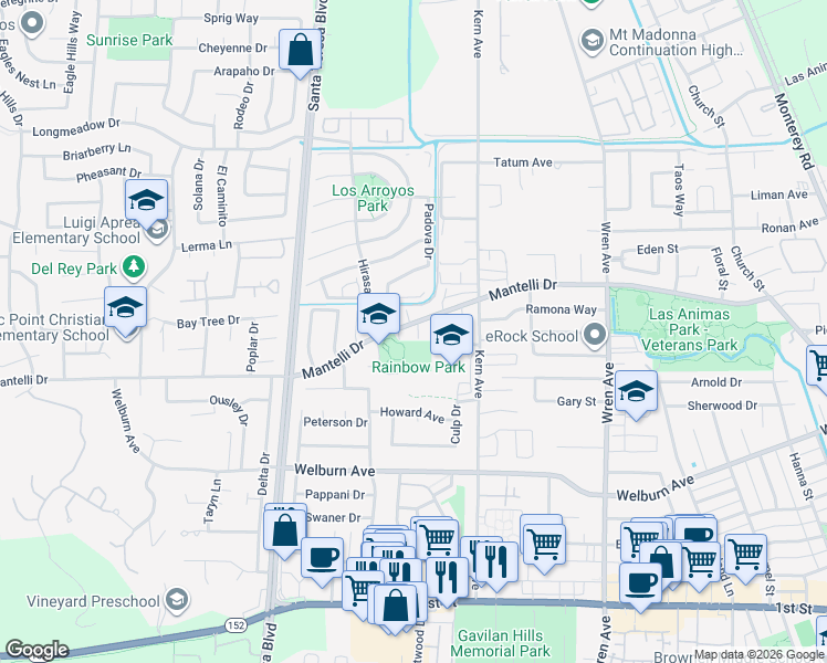 map of restaurants, bars, coffee shops, grocery stores, and more near 940 Mantelli Drive in Gilroy