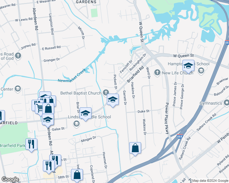 map of restaurants, bars, coffee shops, grocery stores, and more near 1 Pickett Street in Hampton