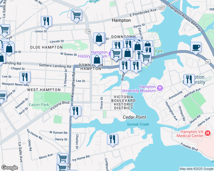map of restaurants, bars, coffee shops, grocery stores, and more near 106 Linden Avenue in Hampton