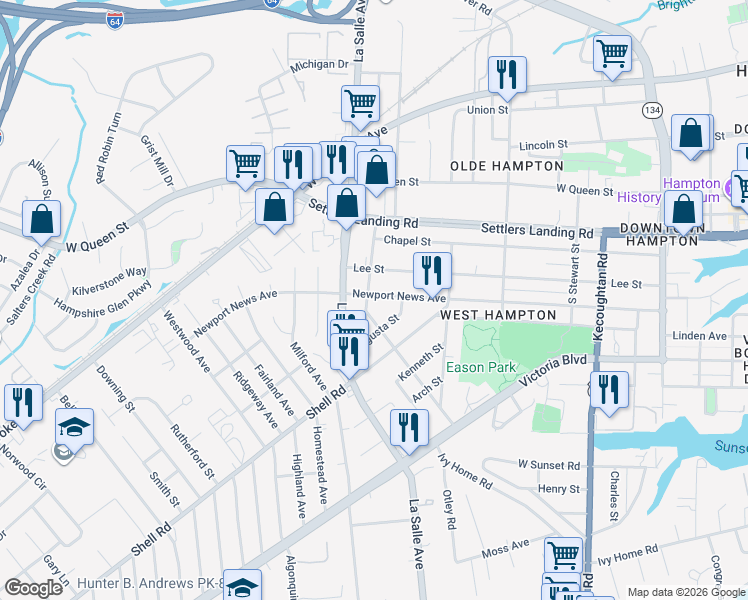 map of restaurants, bars, coffee shops, grocery stores, and more near 610 Worster Avenue in Hampton