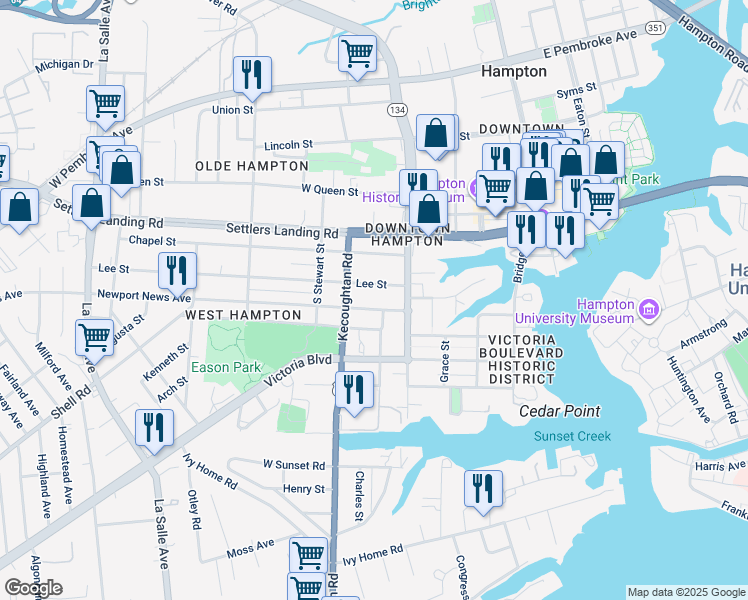 map of restaurants, bars, coffee shops, grocery stores, and more near 240 Newport News Avenue in Hampton