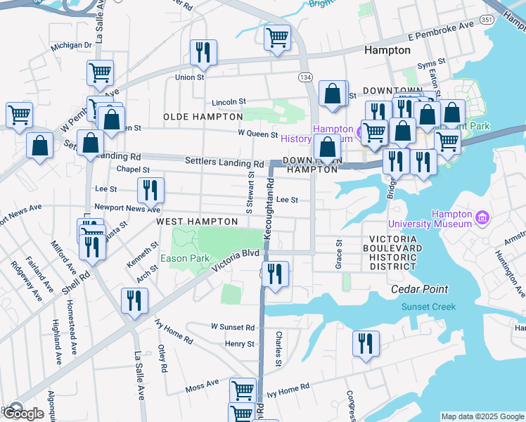 map of restaurants, bars, coffee shops, grocery stores, and more near 308 Newport News Avenue in Hampton