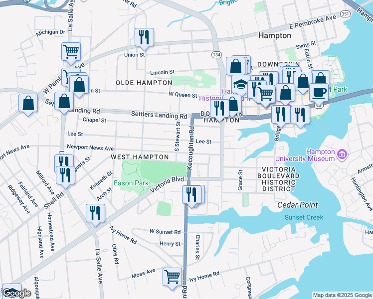 map of restaurants, bars, coffee shops, grocery stores, and more near 308 Newport News Avenue in Hampton