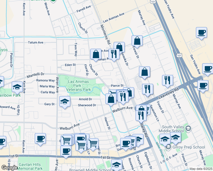 map of restaurants, bars, coffee shops, grocery stores, and more near 199 Pierce Street in Gilroy