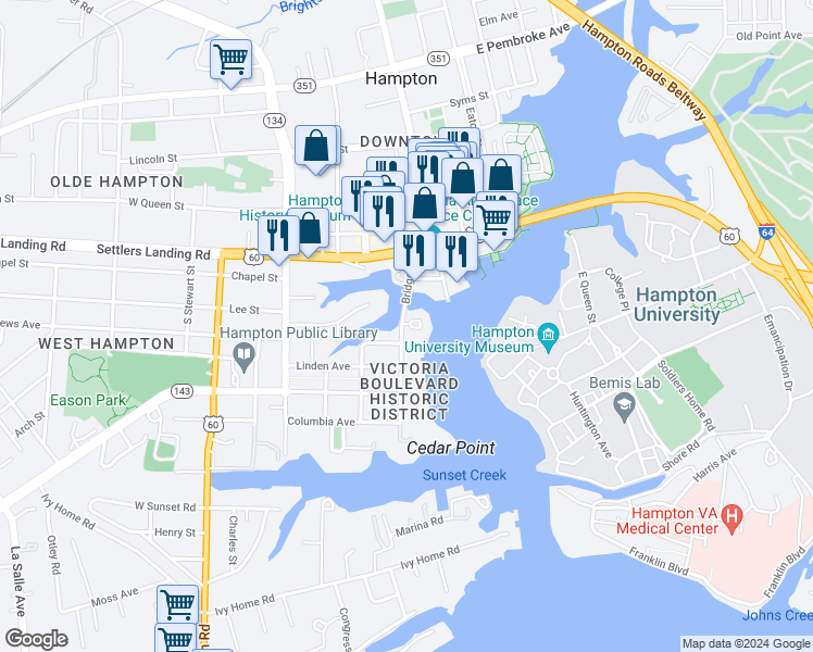 map of restaurants, bars, coffee shops, grocery stores, and more near 483 Bridge Street in Hampton