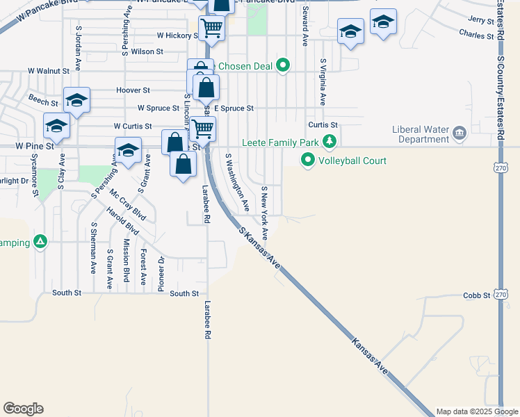 map of restaurants, bars, coffee shops, grocery stores, and more near 300-1454 East Birch Street in Liberal