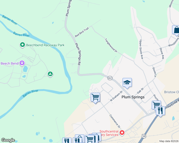 map of restaurants, bars, coffee shops, grocery stores, and more near 715-1221 Plum Springs Road in Plum Springs