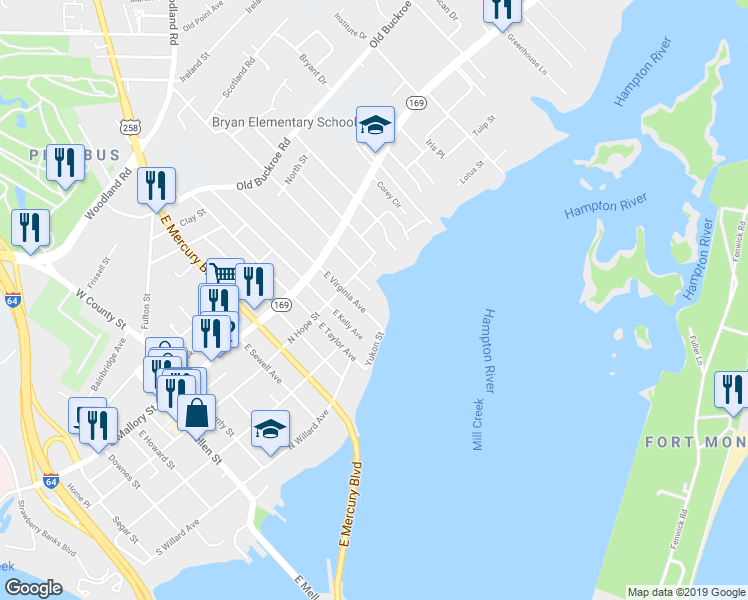 map of restaurants, bars, coffee shops, grocery stores, and more near 117 East Virginia Avenue in Hampton