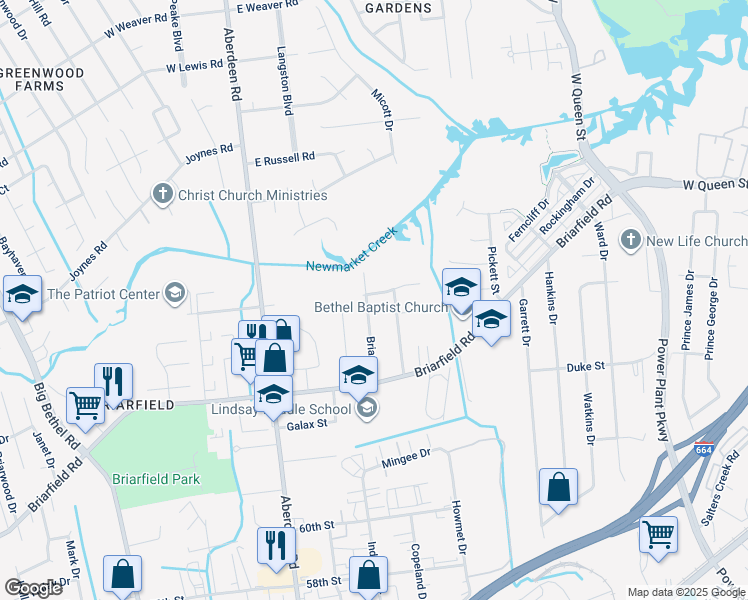 map of restaurants, bars, coffee shops, grocery stores, and more near 24 Briar Drive in Hampton