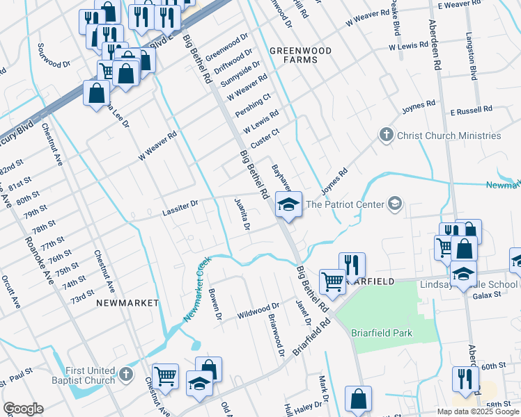 map of restaurants, bars, coffee shops, grocery stores, and more near 9 Harland Court in Hampton