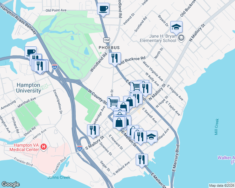 map of restaurants, bars, coffee shops, grocery stores, and more near 7 West Sewell Avenue in Hampton