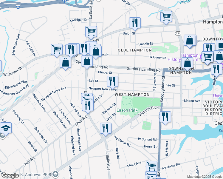 map of restaurants, bars, coffee shops, grocery stores, and more near Newport News Avenue in Hampton