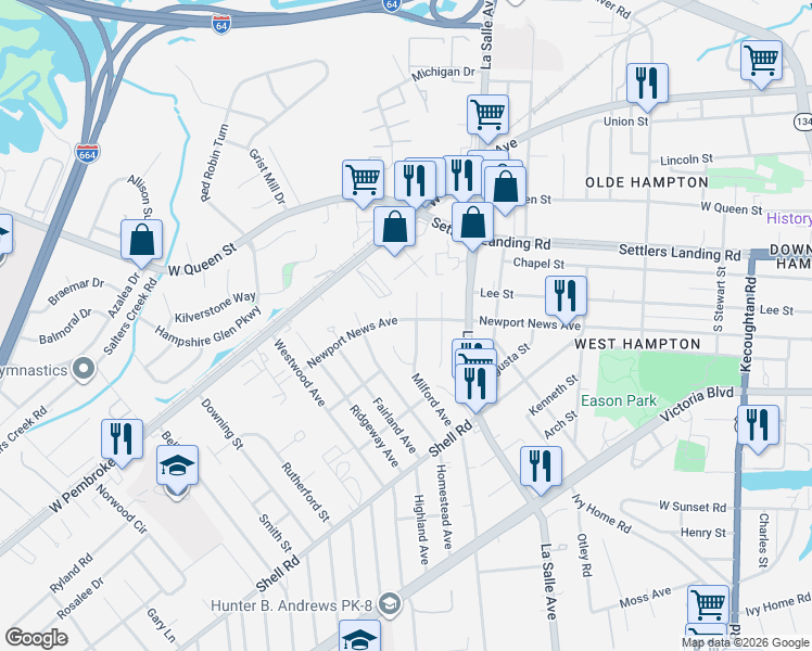 map of restaurants, bars, coffee shops, grocery stores, and more near 815 Judy Court in Hampton