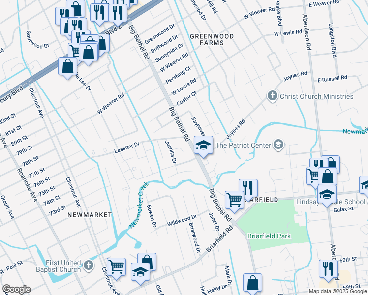 map of restaurants, bars, coffee shops, grocery stores, and more near 9 Harland Court in Hampton