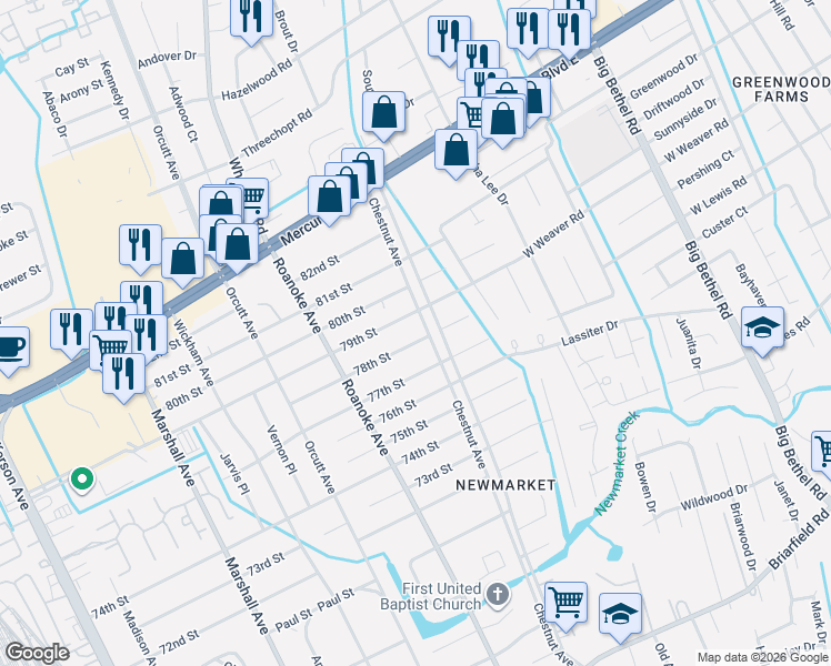 map of restaurants, bars, coffee shops, grocery stores, and more near 1124 78th Street in Newport News