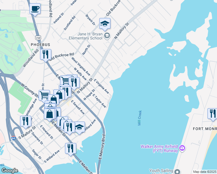 map of restaurants, bars, coffee shops, grocery stores, and more near 117 East Virginia Avenue in Hampton