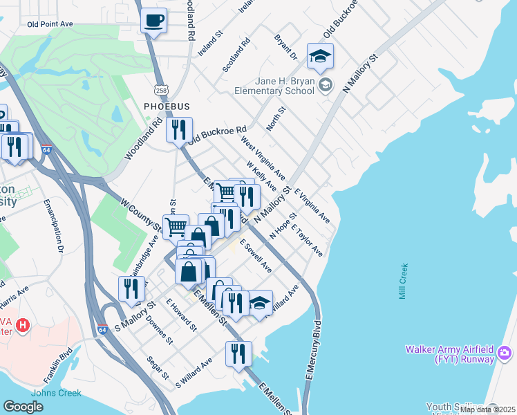 map of restaurants, bars, coffee shops, grocery stores, and more near 303 North Mallory Street in Hampton