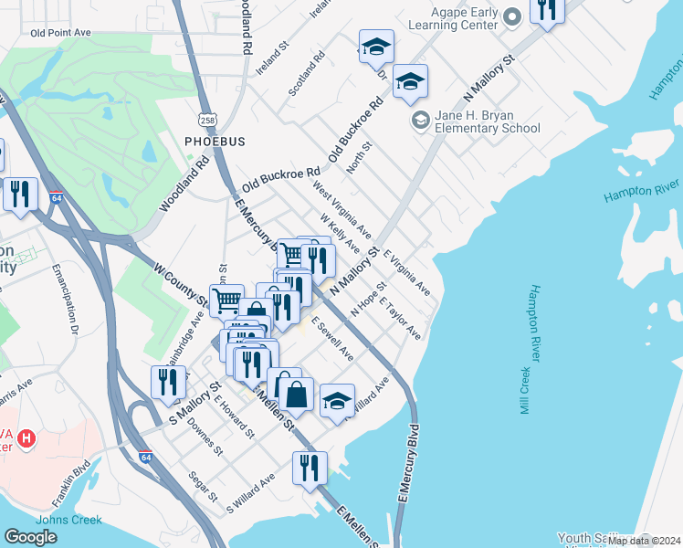 map of restaurants, bars, coffee shops, grocery stores, and more near 303 North Mallory Street in Hampton