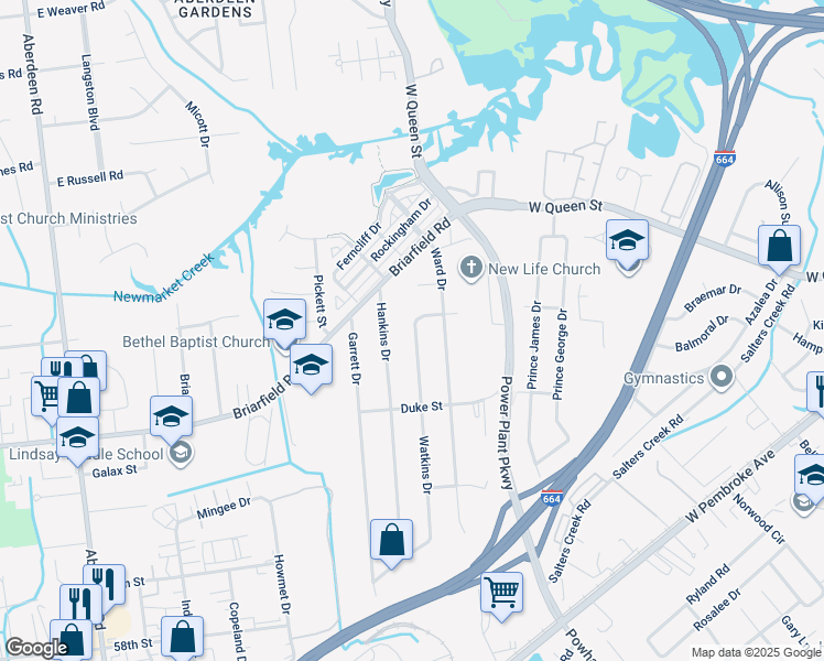 map of restaurants, bars, coffee shops, grocery stores, and more near 116 Watkins Drive in Hampton