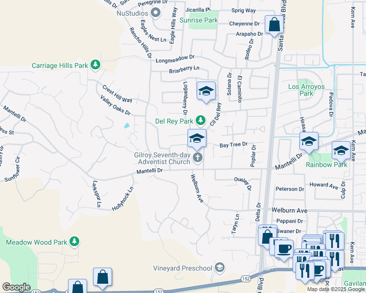 map of restaurants, bars, coffee shops, grocery stores, and more near 1626 Brentwood Lane in Gilroy