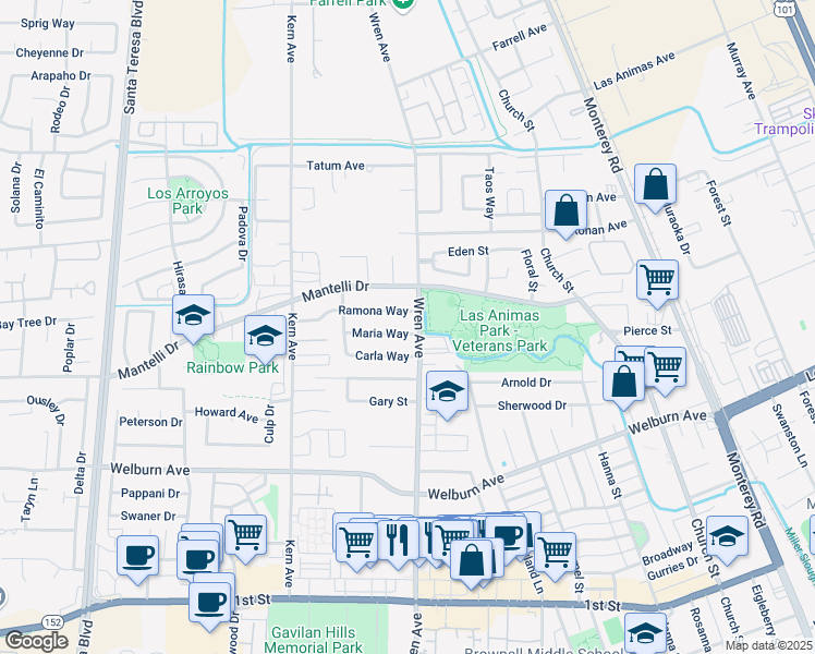 map of restaurants, bars, coffee shops, grocery stores, and more near 753 Carla Way in Gilroy