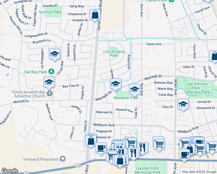 map of restaurants, bars, coffee shops, grocery stores, and more near 1022 Mantelli Drive in Gilroy