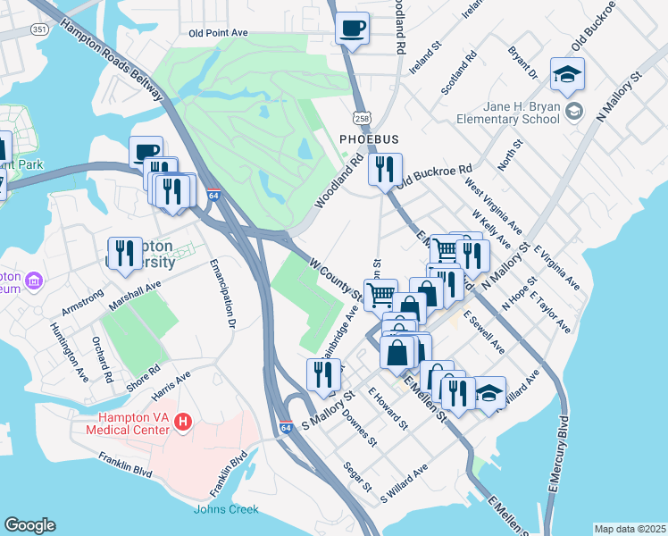 map of restaurants, bars, coffee shops, grocery stores, and more near 77b West County Street in Hampton