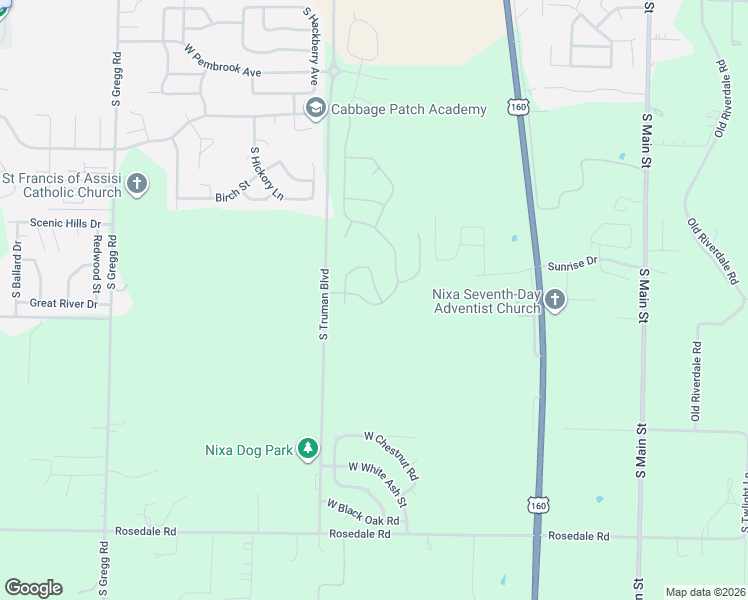 map of restaurants, bars, coffee shops, grocery stores, and more near South Norton Road in Nixa