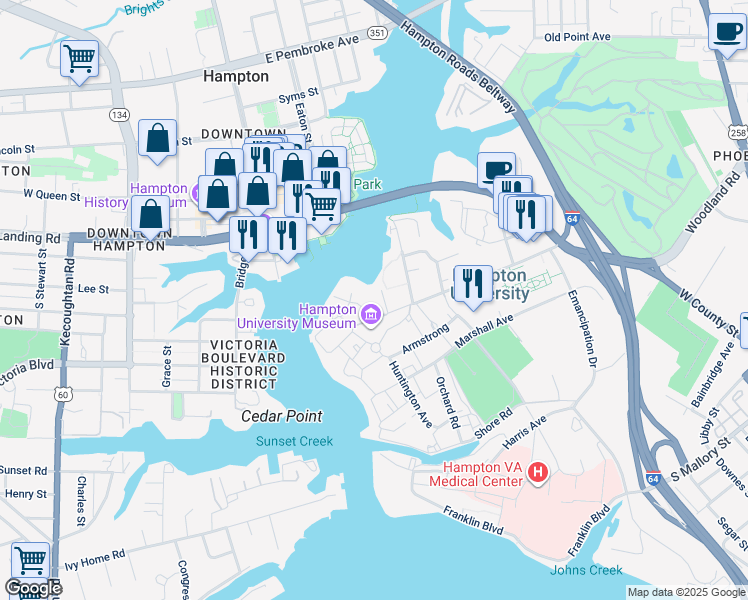map of restaurants, bars, coffee shops, grocery stores, and more near 11 Gatewood Street in Hampton