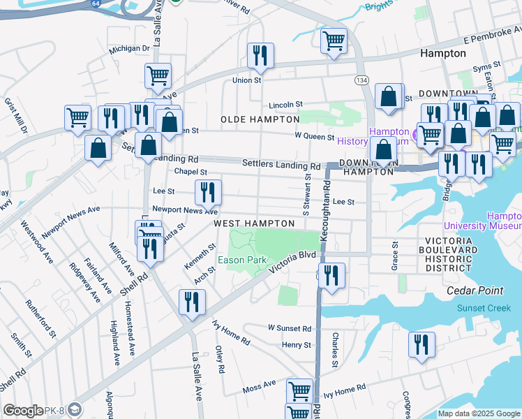 map of restaurants, bars, coffee shops, grocery stores, and more near 456 Newport News Avenue in Hampton