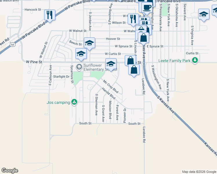 map of restaurants, bars, coffee shops, grocery stores, and more near 371-399 Harold Boulevard in Liberal