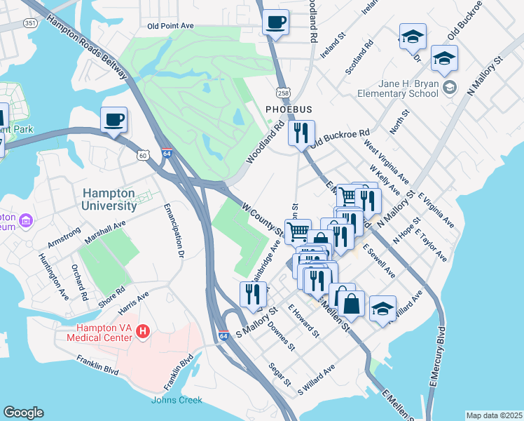 map of restaurants, bars, coffee shops, grocery stores, and more near 77b West County Street in Hampton
