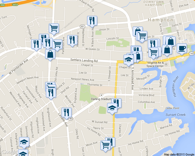 map of restaurants, bars, coffee shops, grocery stores, and more near 460 Thornette Street in Hampton
