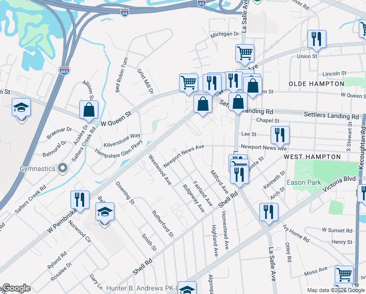 map of restaurants, bars, coffee shops, grocery stores, and more near 903 Newport News Avenue in Hampton