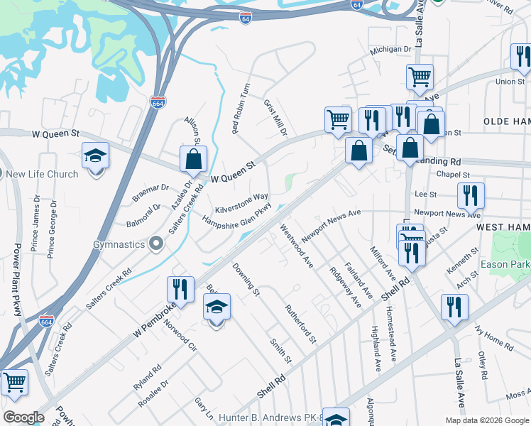 map of restaurants, bars, coffee shops, grocery stores, and more near 33 Hampshire Glen Parkway in Hampton