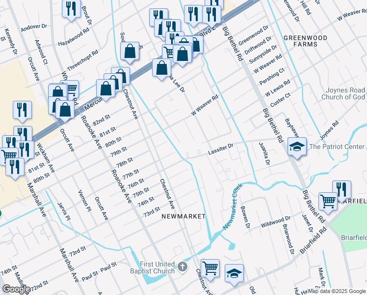 map of restaurants, bars, coffee shops, grocery stores, and more near 1213 76th Street in Newport News