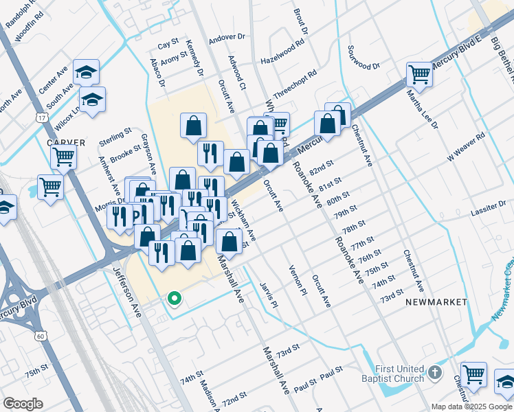 map of restaurants, bars, coffee shops, grocery stores, and more near 5009 82nd Street in Newport News