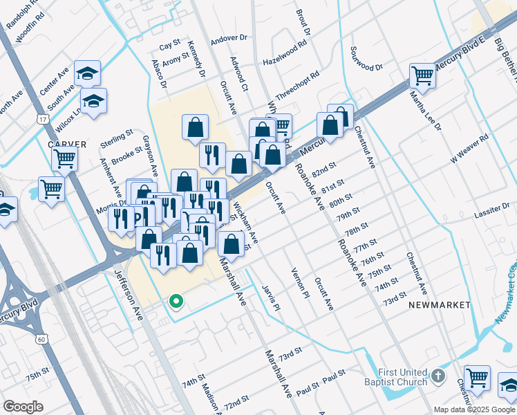 map of restaurants, bars, coffee shops, grocery stores, and more near 5009 82nd Street in Newport News