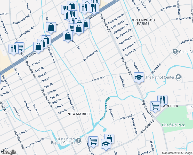 map of restaurants, bars, coffee shops, grocery stores, and more near 148 Lassiter Drive in Hampton
